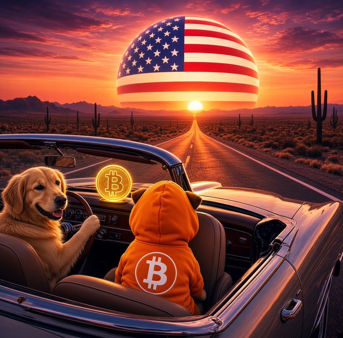A digital artwork showing a golden retriever and a dog in a Bitcoin hoodie driving a convertible down a desert highway toward an American flag sun.