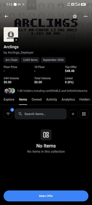 A screenshot of the "Arclings" NFT collection page on OpenSea, displaying 3,685 items with a top offer of $48.48, a floor price of "-", and 1.8K holders, while showing "No Items" in the collection. The image visually confirms the post's claim about the top offer of $48 and the collection's lack of listed items, despite having minted tokens.