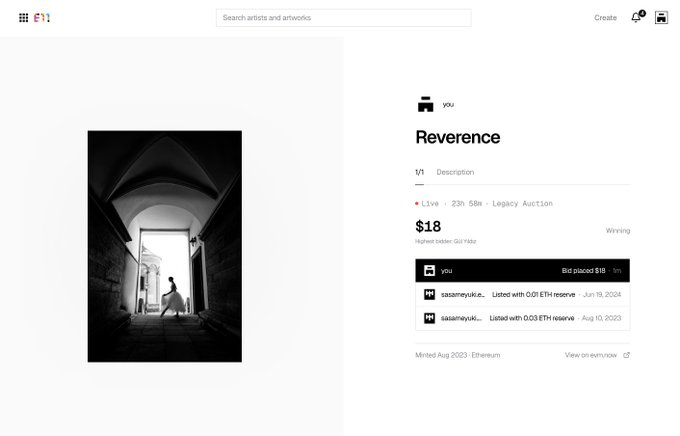 Screenshot of an NFT auction listing titled "Reverence" with a current bid of $18, showing a live legacy auction ending in 23h 58m with bids placed by user "you" and listed by "saaamyyak..." on Ethereum.