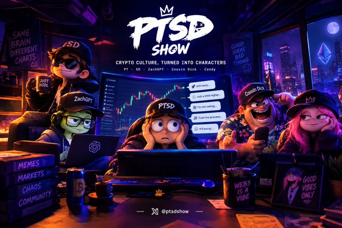 A vibrant promotional banner for 'PTSD SHOW' featuring cartoon characters at computers in a neon-lit room, highlighting 'CRYPTO CULTURE, TURNED INTO CHARACTERS' with characters representing PT, SD, ZachGPT, and Cousin Dick, tagged @ptsdshow.