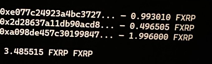 Terminal output showing XRP transactions with negative amounts and a positive balance of 3.485515 F XRP.