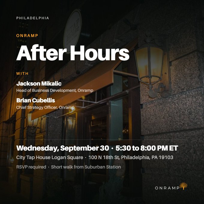 An event invitation graphic for 'After Hours' hosted by Onramp in Philadelphia on Wednesday, September 30, from 5:30 to 8:00 PM ET at City Tap House Logan Square, featuring Jackson Mikalic and Brian Cubells.