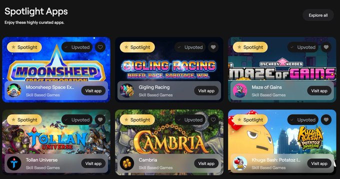 A 'Spotlight Apps' section displaying six featured skill-based games including Moonsheep Space Expedition, Gigling Racing, Maze of Gains, Tolan Universe, Cambria, and Khuga Bashi: Potatozl.