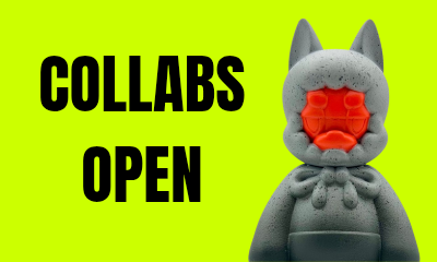 A bold "COLLABS OPEN" announcement is displayed in black text on a bright yellow background, featuring a 3D-rendered gray Biterz character with a red, faceted gem-like face from the PFP collection. The graphic serves as a promotional banner to advertise the project's open collaboration opportunities managed by @Aviii_nft.