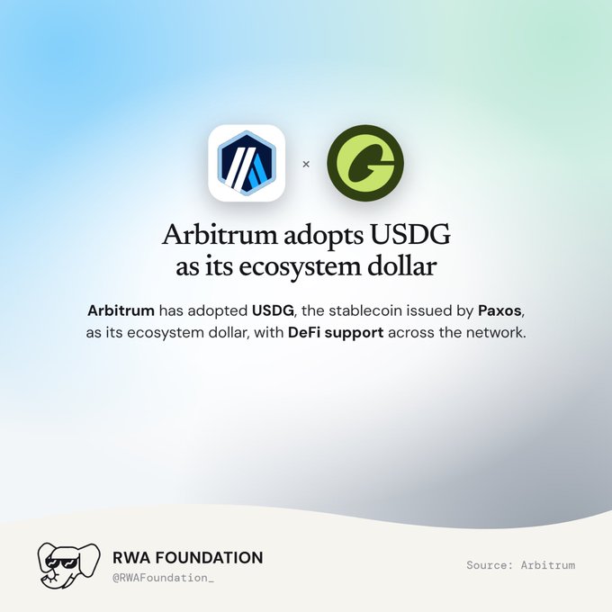 Announcement that 'Arbitrum adopts USDG as its ecosystem dollar' featuring logos for Arbitrum and Paxos (G), from RWA Foundation.