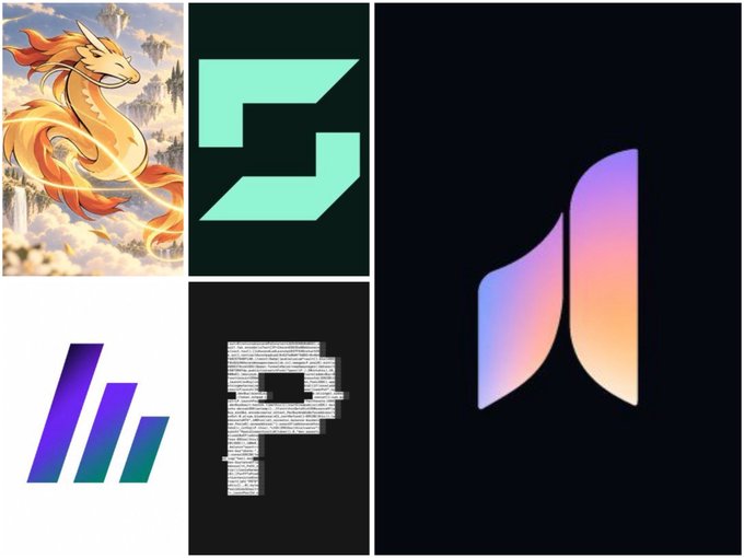 A collage of five distinct images: a majestic golden dragon, a stylized green letter 'S', a metallic gradient 'M' or 'W' shape, a text-filled letter 'R', and another gradient 'M' or 'W' shape, all set against dark backgrounds.