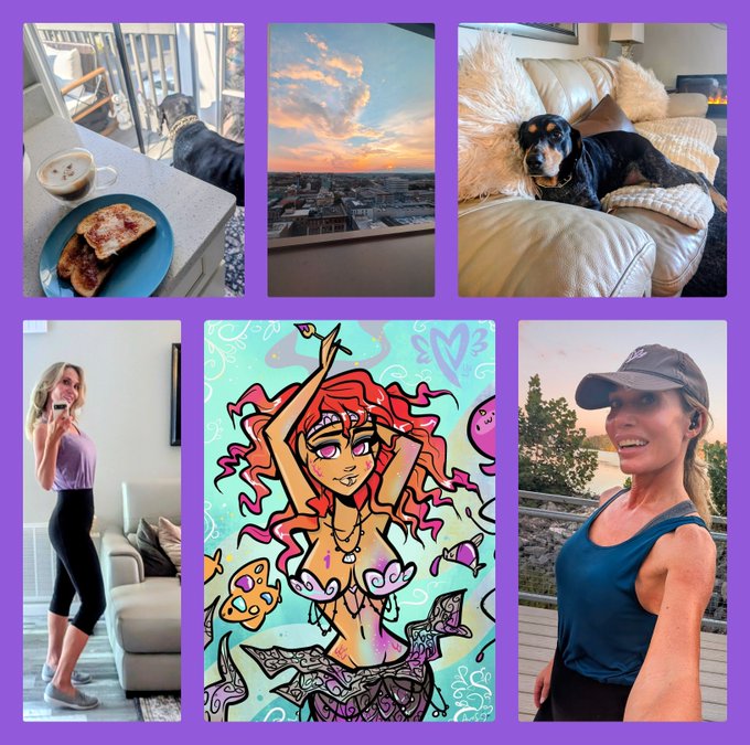 A collage of six images on a purple background including a balcony with coffee, a sunset cityscape, a dachshund on a couch, a woman in workout clothes, an anime-style mermaid illustration, and a woman in athletic wear with a cap.