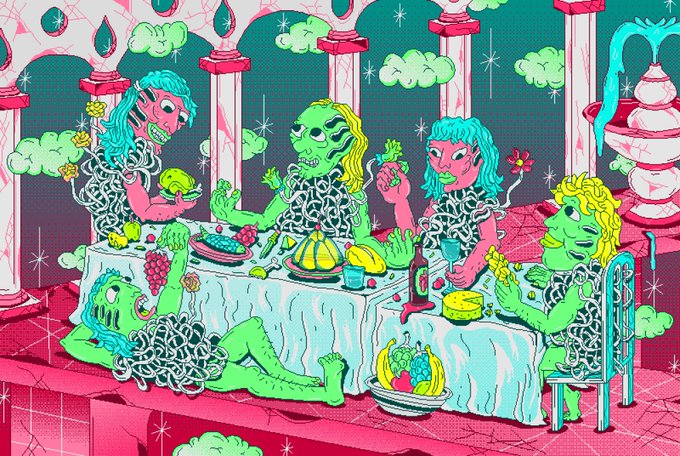 A vibrant, psychedelic illustration depicting green-skinned figures with exaggerated features gathered around a banquet table, set within an ornate columned hall.