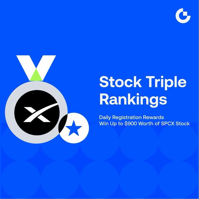 A blue promotional graphic announces the "Stock Triple Rankings" event, featuring a medal icon with the XRP logo and a star emblem, alongside text promoting daily registration rewards of up to $900 worth of SPCX stock, which ties into the accompanying post about the trading, profit, and whale holdings leaderboards.