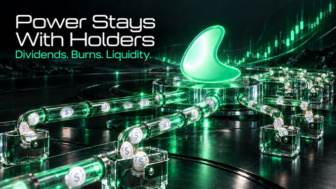 A green-themed crypto promotional graphic reading 'Power Stays With Holders - Dividends. Burns. Liquidity.' featuring a glowing green crescent moon symbol and digital pipes with dollar sign tokens.