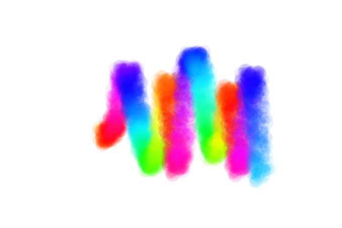 A colorful abstract graphic with wavy, fuzzy vertical lines in rainbow colors (red, orange, yellow, green, blue, purple, pink) on a white background.