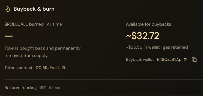 A dark-themed crypto dashboard showing 'Buyback & burn' information for the token $ROLLCALL with a token contract address starting 'DCj5K...EroLL' and ~$32.72 available for buybacks.