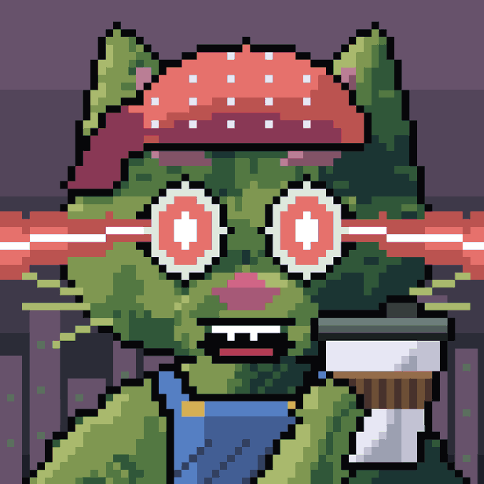 A pixel art NFT-style illustration of a green cat-like character wearing a red strawberry-patterned cap, with glowing red circular eyes, holding a coffee cup with a brush-like object, set against a purple background.