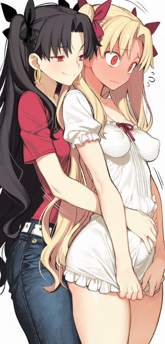 Anime artwork featuring two characters: one with long black hair and red eyes wearing a red top and jeans, and another with long blonde hair and red eyes wearing a white dress.