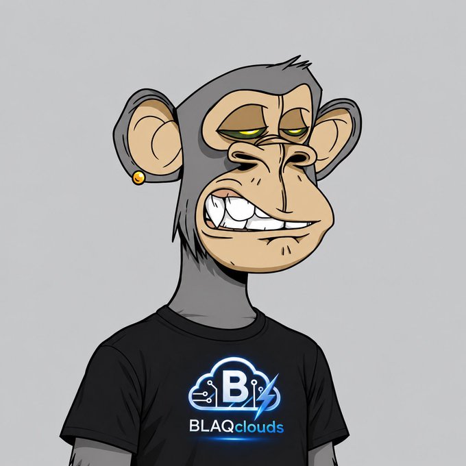 An illustration of a bored-looking cartoon monkey character wearing a black t-shirt featuring a 'BLAQclouds' logo.