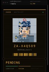 A digital interface displays a pixel art character NFT labeled "ZA-X4QS09" with a pending transaction status at the bottom.