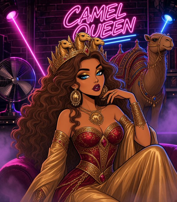 A vibrant neon-style digital illustration titled 'CAMEL QUEEN' featuring a dark-haired woman wearing a golden crown with camel figures, seated beside a camel in a room lit with pink and blue neon lights.