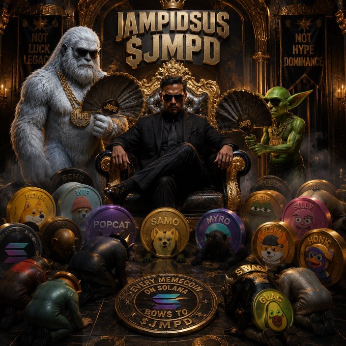 AI-generated meme image featuring a man in a suit sitting on a throne surrounded by a white gorilla, a green goblin, and various meme coin characters (POPCAT, SAMO, MYRO, FLOKI, WIF, BONK, GUAC) with text reading 'JAMPIDSUS $JMPD' and 'EVERY MEMECOIN ON SOLANA BOWS TO $JMPD'.