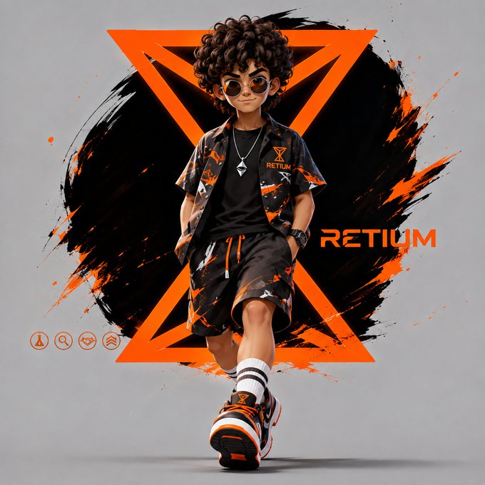 An anime-style illustration of a curly-haired boy in sunglasses and an orange/black patterned outfit walking forward, with the word 'RETIUM' displayed against a large orange triangular graphic.