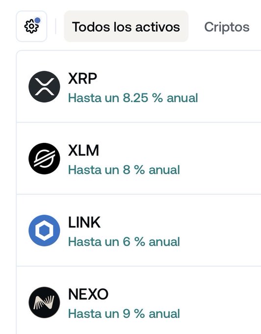 The image shows a Nexo app screen displaying annual yields for various crypto assets: XRP (8.25%), XLM (8%), LINK (6%), and NEXO (9%). The listed earnings align with the post claiming these are the user's yields earned on the Nexo platform.