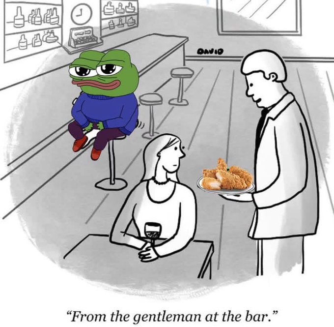 A humorous illustration of a grumpy Pepe the Frog character sitting at a bar, sending a plate of fried chicken to a surprised woman, with the caption 'From the gentleman at the bar.'