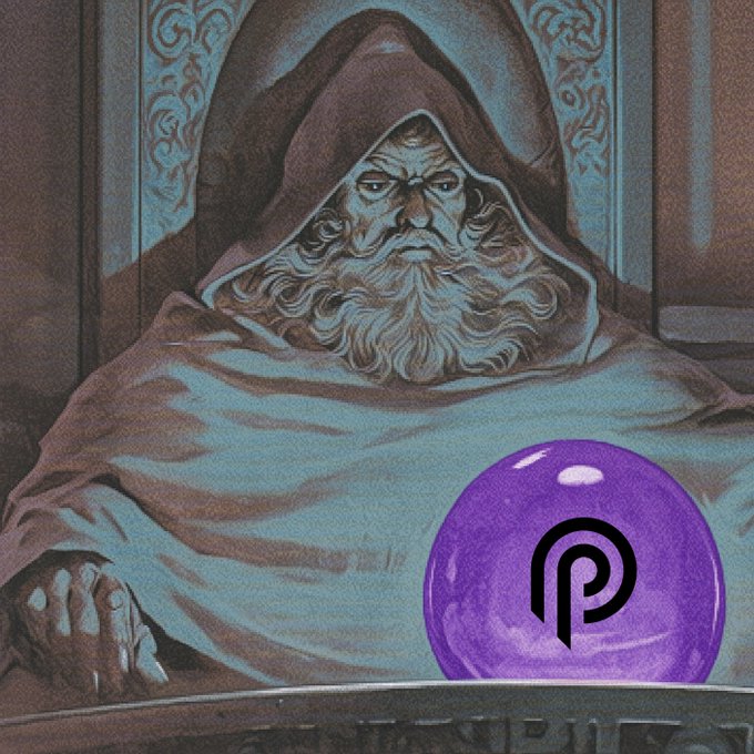 An illustrated portrait of a hooded, bearded figure holding a large purple orb featuring the Polygon (MATIC) 'P' logo.