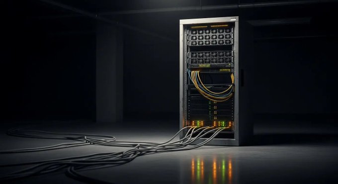 A server rack with illuminated indicator lights and tangled network cables stretches across a dark floor, visually representing the decentralized mining infrastructure where individual miners like Simple Mining can override pool-level decisions using tools like Ocean's DATUM. The glowing status LEDs and scattered cables symbolize the technical autonomy and signaling power that allow miners to reject proposals like BIP-110 independently from the pools they operate on.