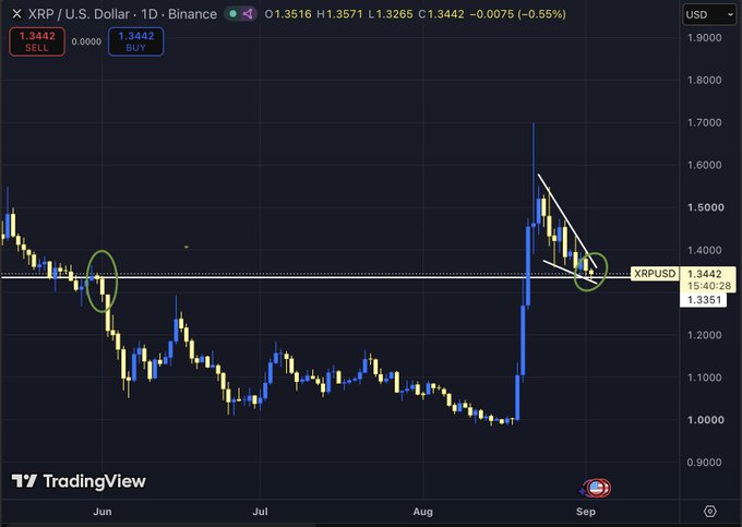A TradingView 1-day chart of XRP/USD on Binance shows the price currently at $1.3442, retesting the $1.33–$1.35 resistance-turned-support zone circled in green, with a descending channel pattern visible after the rally from ~$1.00 to $1.70 in late August.
