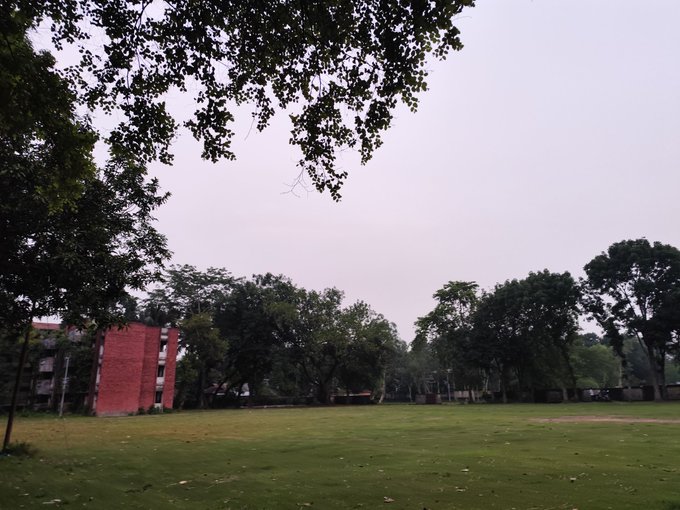 The image shows an outdoor scene with a large open field surrounded by trees. The sky appears cloudy, suggesting that it might be evening or during overcast weather conditions. In the background, there are two buildings visible - one being a brick building and another made of wood. The photo is taken from a low angle, giving prominence to the tall trees in front of the buildings.