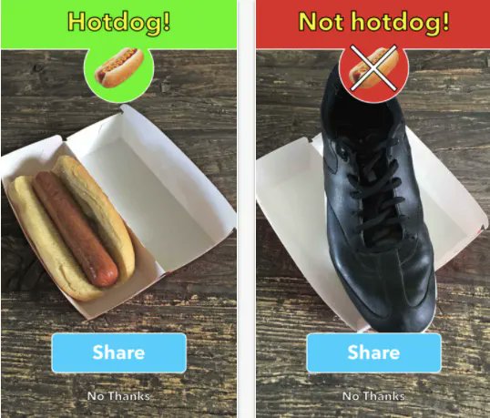 A two-panel image labeled 'Hotdog!' showing a real hotdog and 'Not hotdog!' showing a black shoe, both in similar containers with 'Share' and 'No Thanks' buttons.