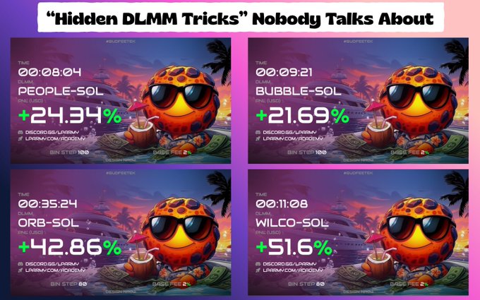 A graphic titled 'Hidden DLMM Tricks Nobody Talks About' shows four trading results for PEOPLE-SOL (+24.34%), BUBBLE-SOL (+21.69%), ORB-SOL (+42.86%), and WILCO-SOL (+51.6%) on the LXRivm platform.