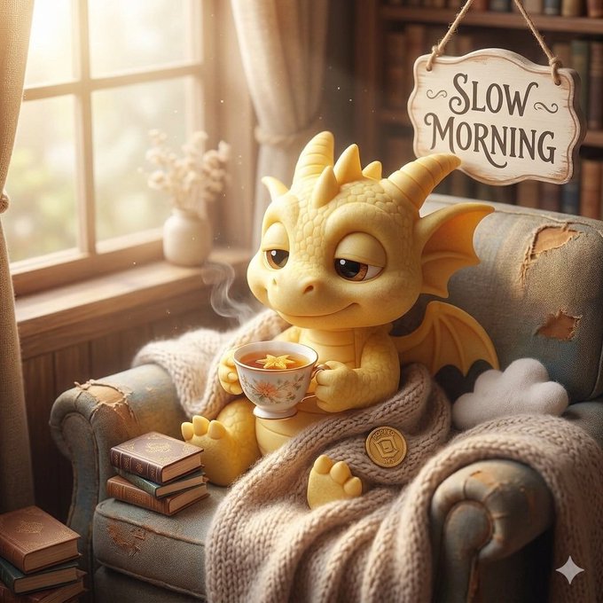 A cozy 3D-style illustration of a yellow dragon holding a teacup while wrapped in a blanket on a worn armchair, with a 'SLOW MORNING' sign, books, and a window in the background.