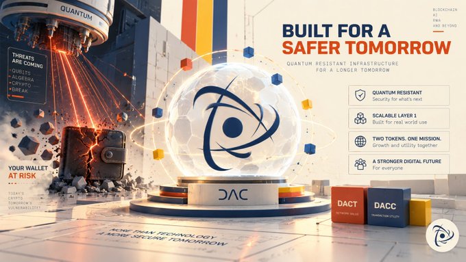Promotional graphic for DACC titled 'BUILT FOR A SAFER TOMORROW,' advertising 'QUANTUM RESISTANT INFRASTRUCTURE' with text highlighting features like 'TWO TOKENS. ONE MISSION.'