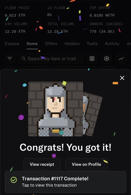An NFT marketplace screen displaying a 'Congrats! You got it!' purchase confirmation for a pixel art item, showing Transaction #1117 Complete.
