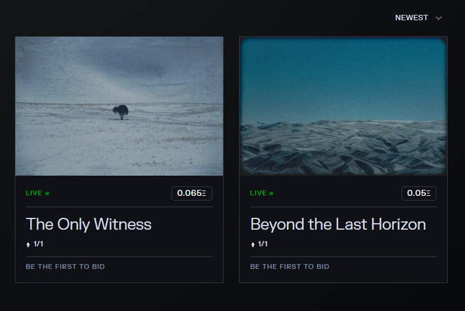 A dark-themed digital interface displays two live auction listings with "LIVE" indicators, prices of 0.065 ETH and 0.05 ETH, and titles "The Only Witness" (showing a snowy landscape with a lone figure) and "Beyond the Last Horizon" (showing a mountain range).