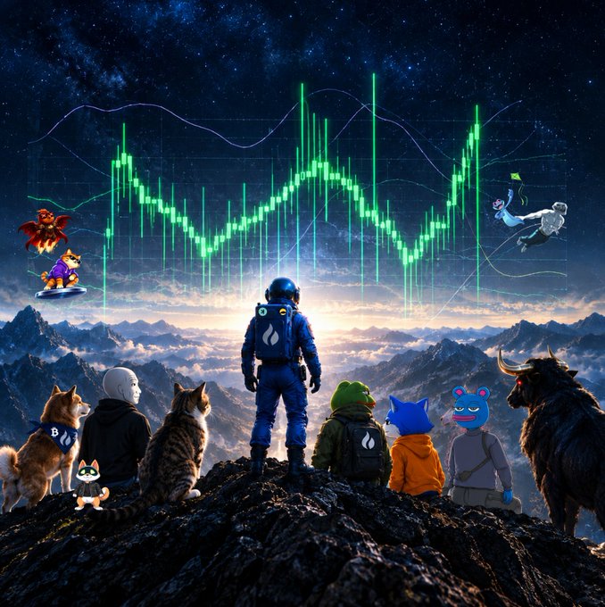 A stylized group of animal, human, and robot-like characters stands on a rocky mountain peak beneath glowing green financial candlestick charts and a starry sky.