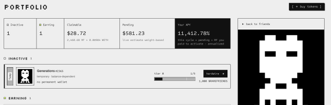 A 'PORTFOLIO' dashboard showing an 'Inactive' count of 1, 'Claimable' of $28.72, 'Pending' of $581.23, and a 'Your APY' of 11,412.78%.