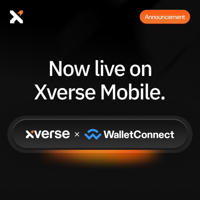 A dark promotional graphic announcing "Now live on Xverse Mobile" featuring the Xverse and WalletConnect logos, highlighting the new integration that allows users to connect their Bitcoin wallet to any DApp and sign transactions from their phone.
