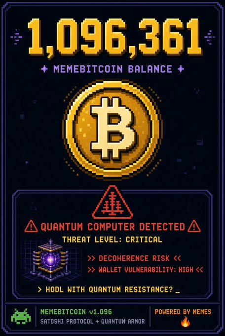 A pixel-art style graphic titled '1,096,361 MEMEBITCOIN BALANCE' featuring a Bitcoin coin and a warning about quantum computer threats to wallet security.
