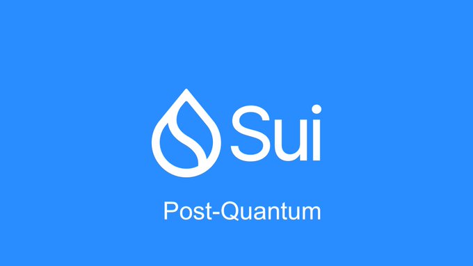 A blue screen displaying the 'Sui' logo with a water drop icon and the text 'Post-Quantum' below it.