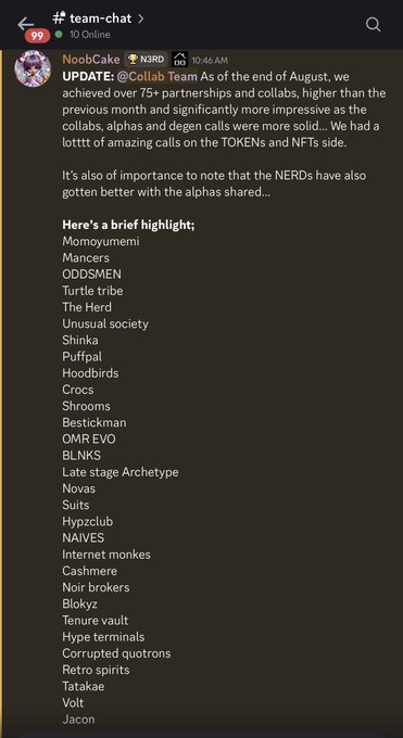 A Discord chat screenshot from 'NoobCake' in #team-chat with an update mentioning 'Collab Team' and listing partnership names including Momoyume, Mancera, ODDSMEN, The Herd, Shinka, Crocs, NAIVES, and Jacon.
