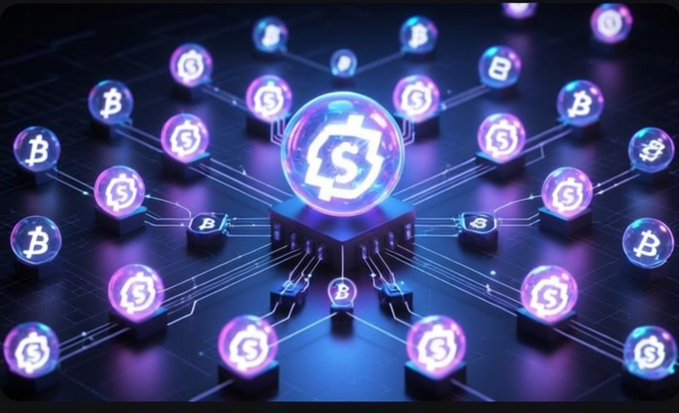 A digital artwork depicts a central glowing crypto token surrounded by interconnected nodes featuring Bitcoin (B) and dollar (S) symbols on a circuit board.
