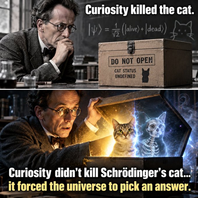 A meme depicting a scientist resembling Schrödinger contemplating a box labeled "DO NOT OPEN CAT STATUS UNDEFINED," then opening it to reveal both a living cat and a skeleton, captioned "Curiosity killed the cat" and "Curiosity didn't kill Schrödinger's cat... it forced the universe to pick an answer."