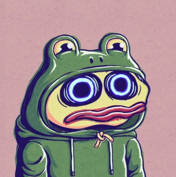 An illustrated cartoon character of Pepe the Frog wearing a frog hoodie, featuring glowing neon blue eyes against a pink background.