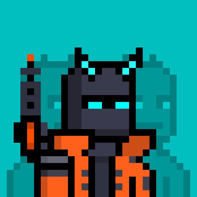 Pixel art depicting a dark gray robotic figure with glowing cyan eyes and an orange torso holding a red-tipped device, set against a solid teal background with geometric structures.