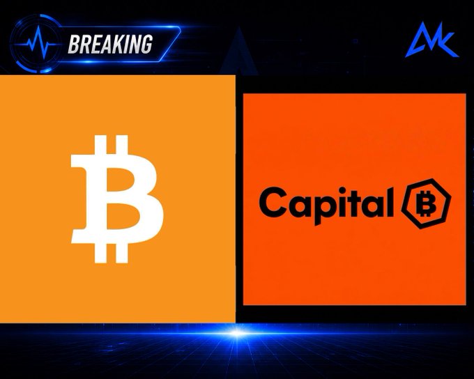 A 'BREAKING' news graphic featuring the Bitcoin logo on an orange background alongside the Capital B logo on a red background.