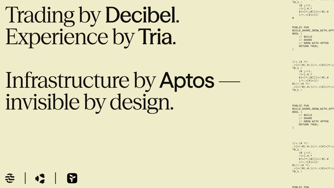 A cream-colored promotional graphic features the bold serif tagline "Trading by Decibel. Experience by Tria. Infrastructure by Aptos — invisible by design," alongside three small brand icons (Tria, Aptos, and another logo) and snippets of Move smart contract code on the right, visually reinforcing the post's message about Tria delivering seamless onchain trading on Aptos via Decibel, where the underlying blockchain infrastructure remains hidden from users.
