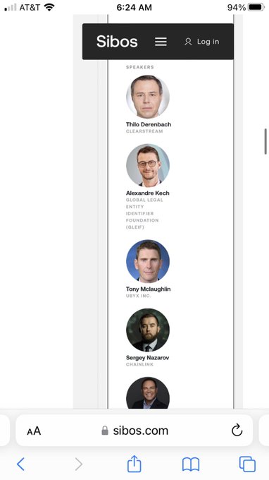 A mobile screenshot of the Sibos website displaying a speakers list that includes Thilo Derenbach (Clearstream), Alexandre Kech (Global Legal Entity Identifier Foundation), Tony McLaughlin (SIBOS | INC.), and Sergy Nazarov (Chainlink).