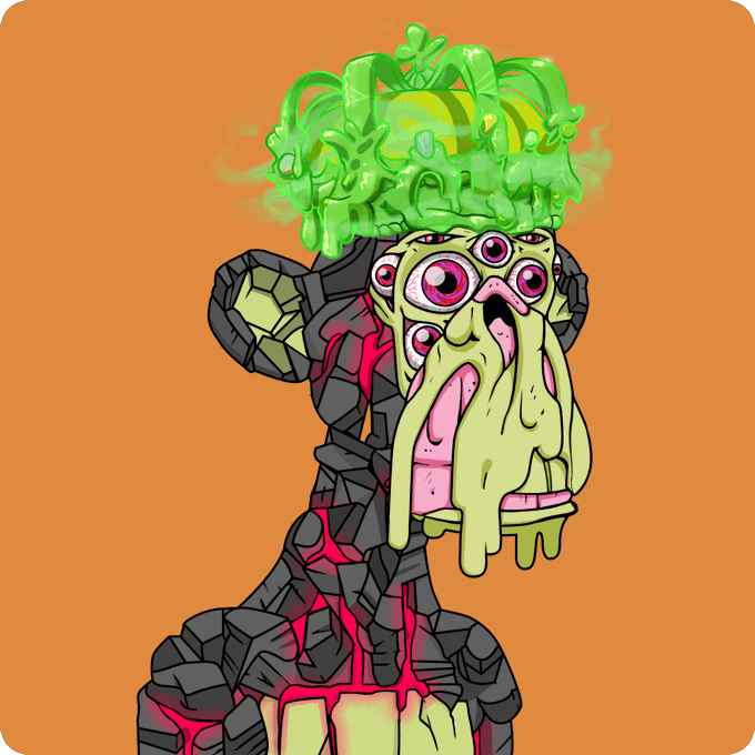 A surreal digital illustration featuring a dark stone figure with pink cracks and a grotesque, multi-eyed face topped with a crown of glowing green viscous slime against an orange background.