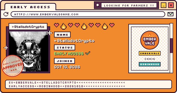 A pixel-art style profile card showing 'StelladotCrypto' with Early Access status, joined October 10, 2028, featuring an avatar of a masked figure, hearts and fire emojis, and branding for 'EMBERVALE' on the Robinhood chain.